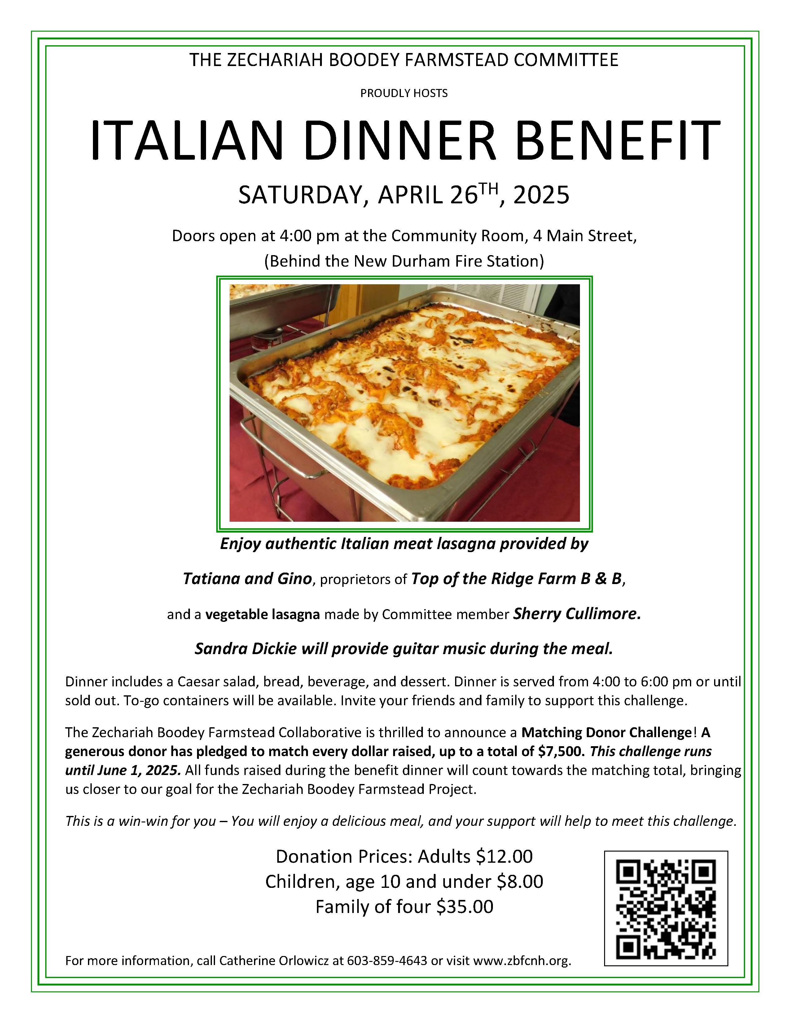 THE ZECHARIAH BOODEY FARMSTEAD COMMITTEE italian dinner poster 4 26 2025